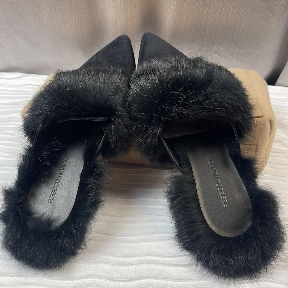 Rebecca Minkoff Rafferty Mules with fur. Black kid suede/ Rabbit Fur. Size 7.5 M - Picture 2 of 9